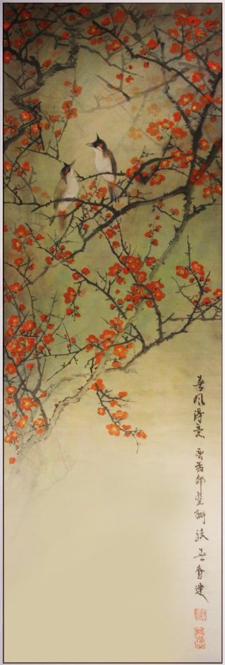 Chi tiết mai đỏ và đôi chim